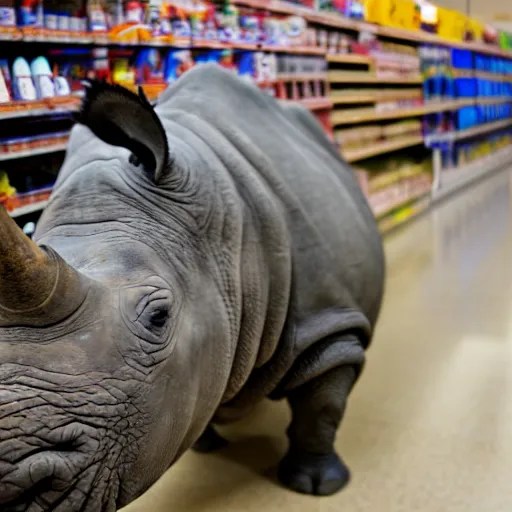 a rhino in a walmart, photography, high resolution 8 k, Stable