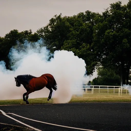 photo of a horse doing a burnout. sigma 8 5 mm f / 8 Stable Diffusion