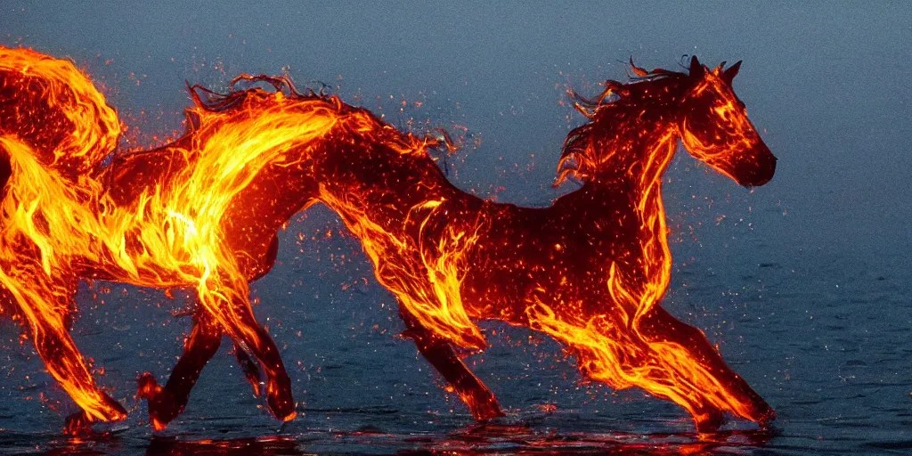 horse made of fire running on water Stable Diffusion