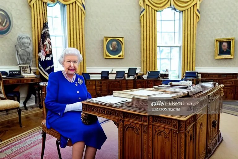 Queen Elizabeth II sitting behind the Resolute Desk in Stable Diffusion