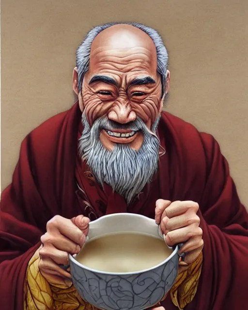 real life Uncle Iroh smiling, drinking tea, beautiful, Stable