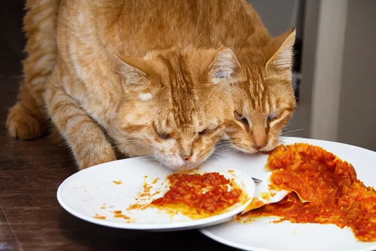 large orange tabby cat eating lasagna by Emmanuel Stable Diffusion