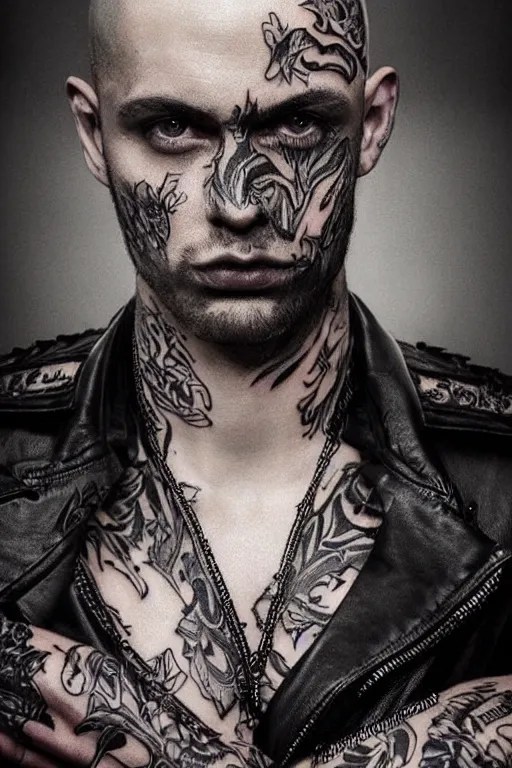 a handsome man, shaved head, tattoos, gothic, Stable Diffusion