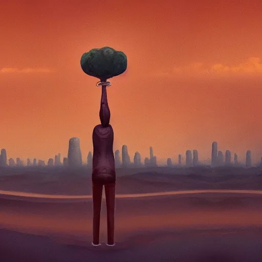 panorama of giant human statue carrying a city on its Stable