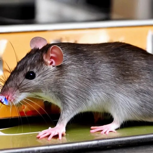 rats run around in a fast food restaurant kitchen Stable Diffusion