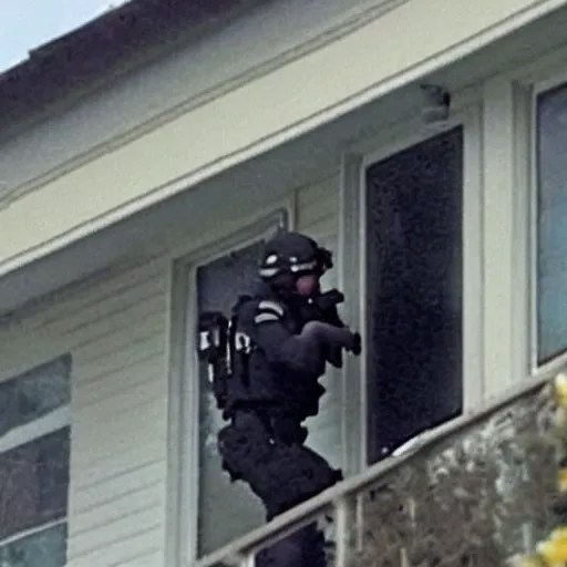 security camera footage of swat team entering house, Stable Diffusion