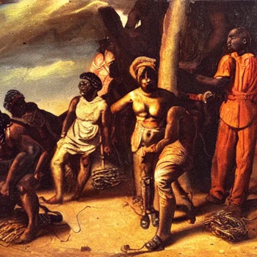 painting of black slaves being freed from chains and Stable Diffusion