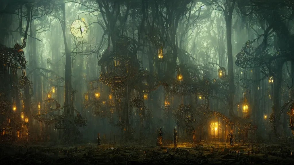 a vast clockwork forest at night, steampunk machinery, Stable Diffusion