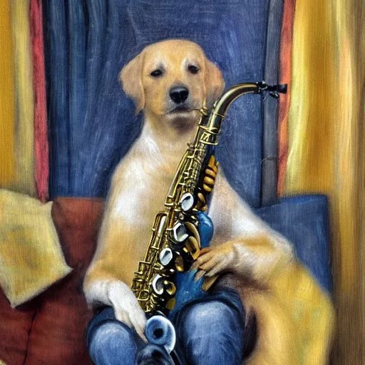 dog playing the saxophone, sitting on the sofa, Stable Diffusion