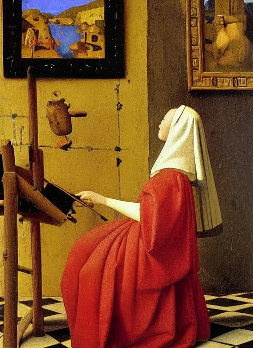 paints, brushes, medieval painting by jan van eyck, Stable Diffusion