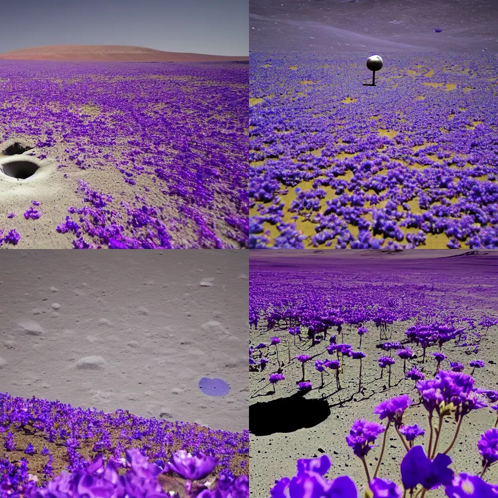 A purple flower blooms on the moon with the blue Earth Stable