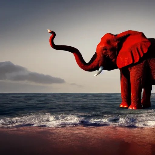 red elephant with wheels driving on the Pacific ocean, Stable