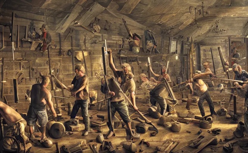 a room full of men with their hammers a bleedin ’, Stable Diffusion