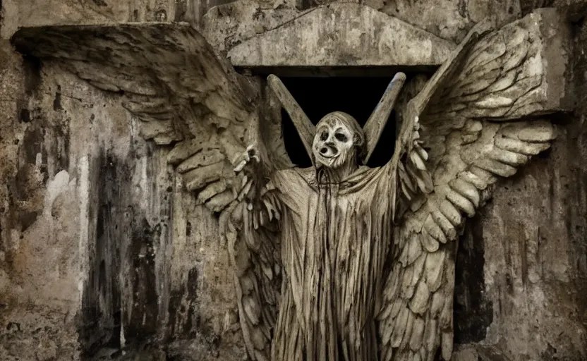 several decrepit creepy statues of the archangel Stable Diffusion