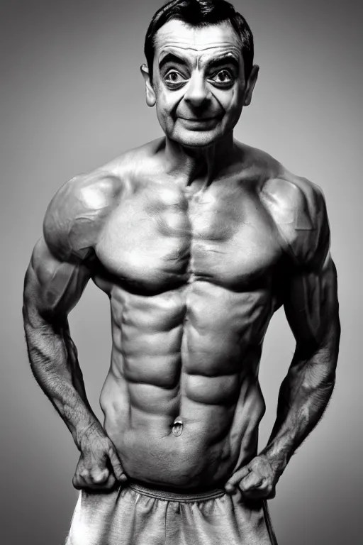 Mr Bean is a jacked muscle builder gigachad, grayscale Stable Diffusion