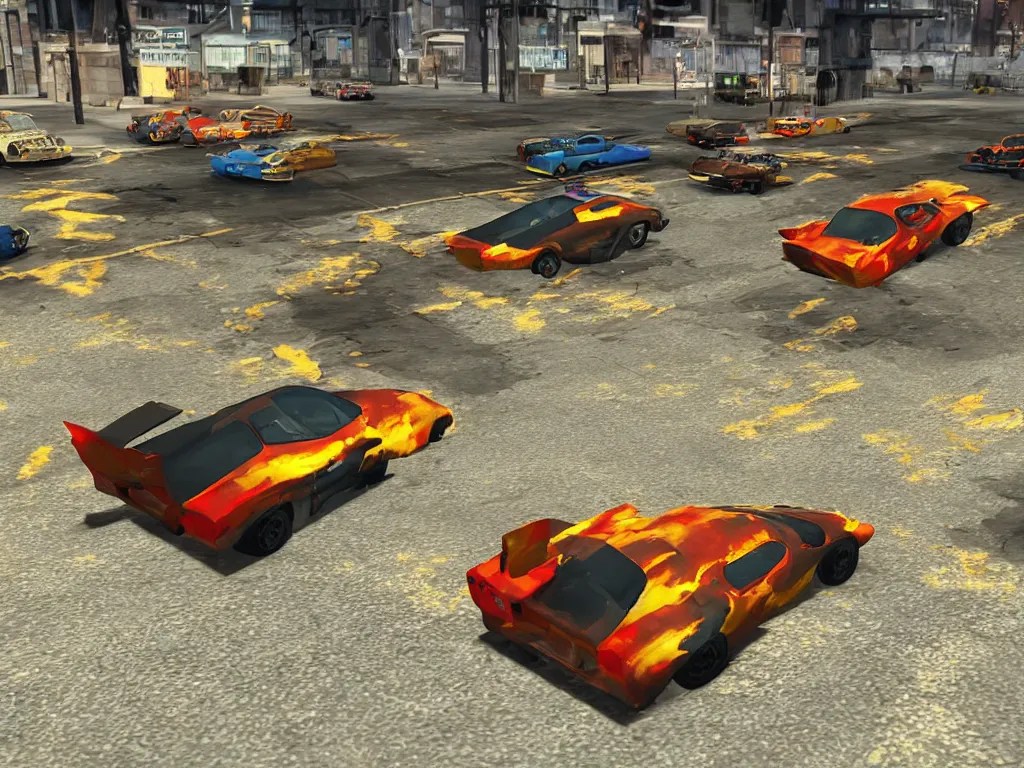 PS1 car combat game in the style of Vigilante 8, Stable Diffusion