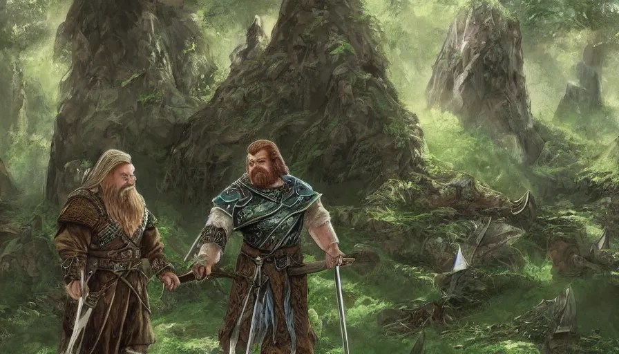the dwarf gimli and the elf legolas in lothlorien, Stable Diffusion