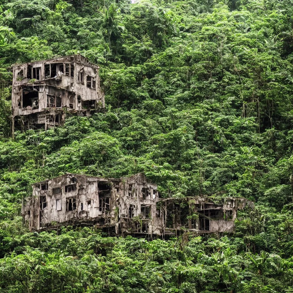 Abandoned building in the rainforest, raining Stable Diffusion OpenArt