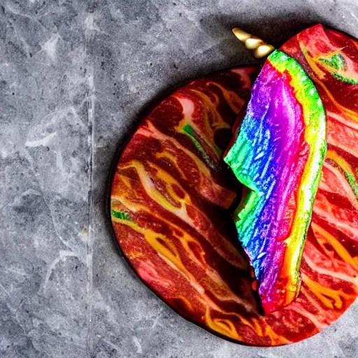 a prime unicorn steak. rainbow colored meat with Stable Diffusion