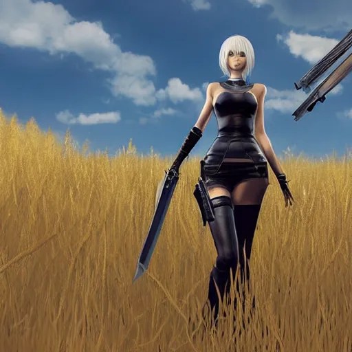 2B nier automata in a field, 4k, detailed face, Stable Diffusion