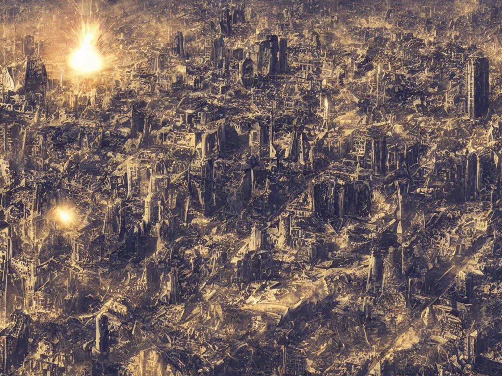 city is being destroyed by a falling meteor, view from Stable Diffusion