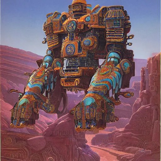 elaborate mayan art deco mecha in mesa landscape by j. Stable