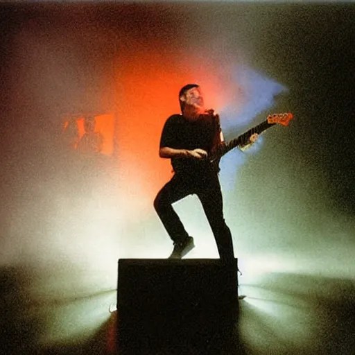 Trent Reznor screaming and smashing a guitar on a Stable Diffusion