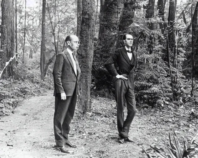 edgar cayce and aldous huxley in a forest, epic Stable Diffusion
