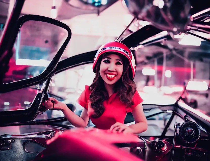 twitch streamer Pokimane as a 1960s race car driver, Stable Diffusion