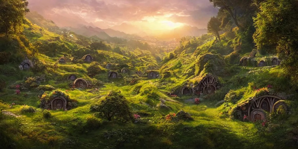 looking down into a valley full of hobbit houses and Stable Diffusion