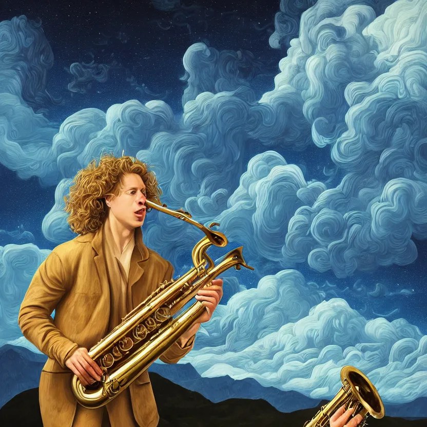 a young blond man with long curly hair playing sax, on Stable Diffusion OpenArt