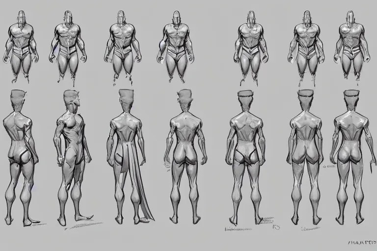 a model sheet contaning a hero in the front back and Stable Diffusion
