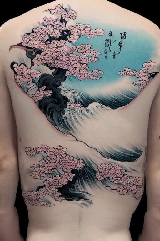 back tattoo of cherry blossom tree floating over a Stable Diffusion