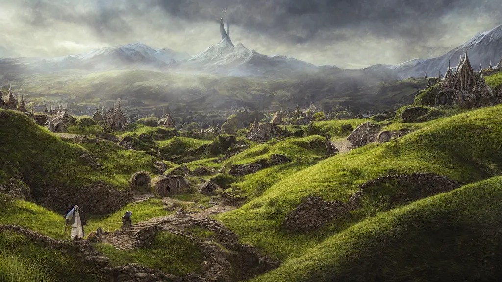 frodo standing looking back over hobbiton, bag end Stable Diffusion