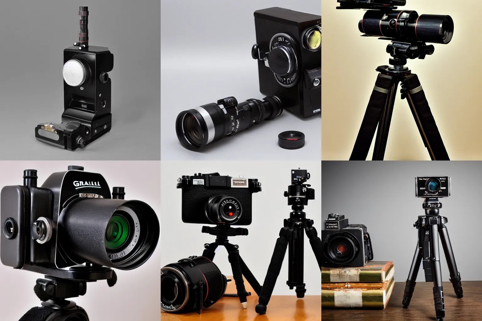 a graflex speed graphic camera with flash sitting on a Stable