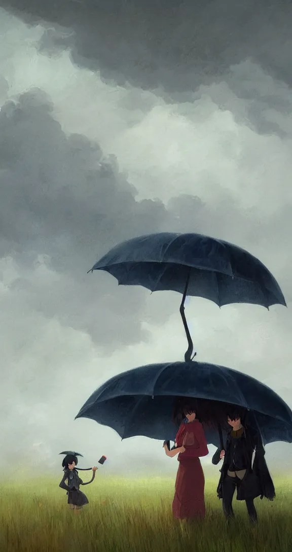 Holding an umbrella in a thunderstorm in the prairie, Stable