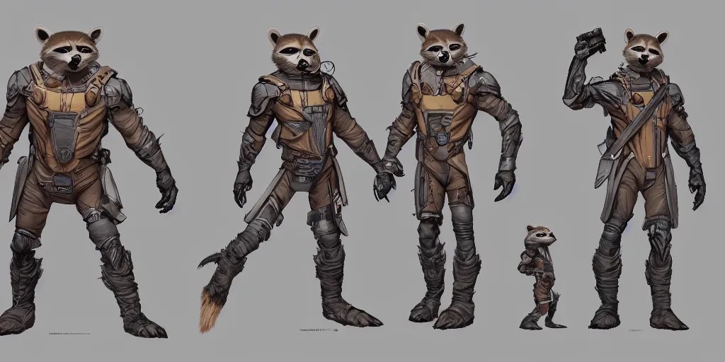 rocket raccoon, character sheet, concept design, Stable Diffusion