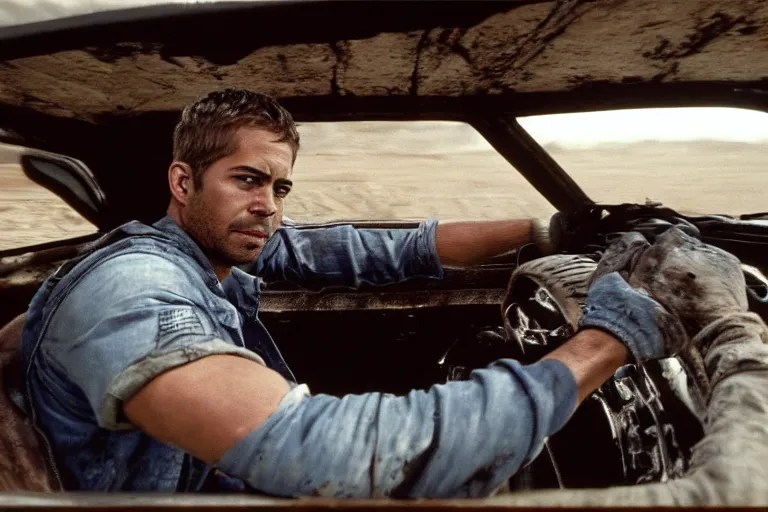Paul Walker driving in Mad Max Road Warrior, rusted, Stable Diffusion