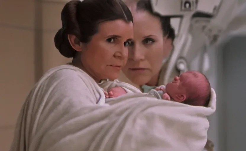 screenshot of Princess Leia Organa holding a new born Stable