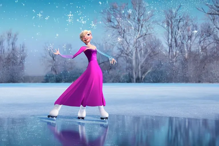 elsa ice skating on a frozen lake, ultra detailed, Stable Diffusion