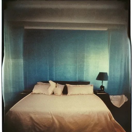 grainy Polaroid film photograph of an empty bed with Stable Diffusion