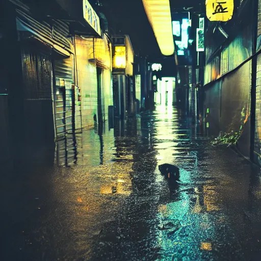 a rainy cyuberpunk neo tokyo alley with a black cat Stable Diffusion