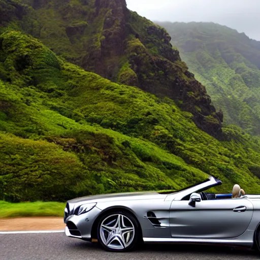 Mercedes SL convertible top down driving along a road Stable