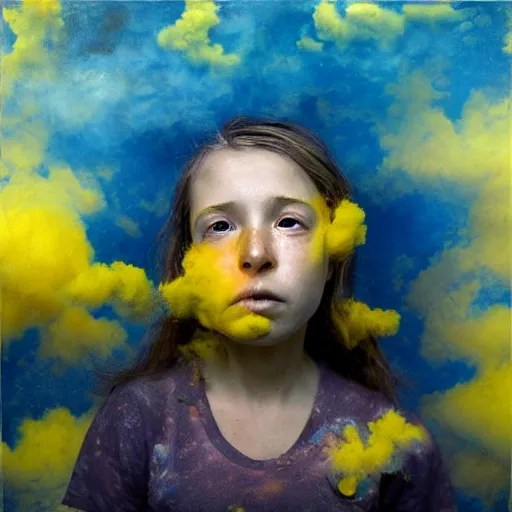 crying girl, covered in yellow and blue clouds, by kim Stable