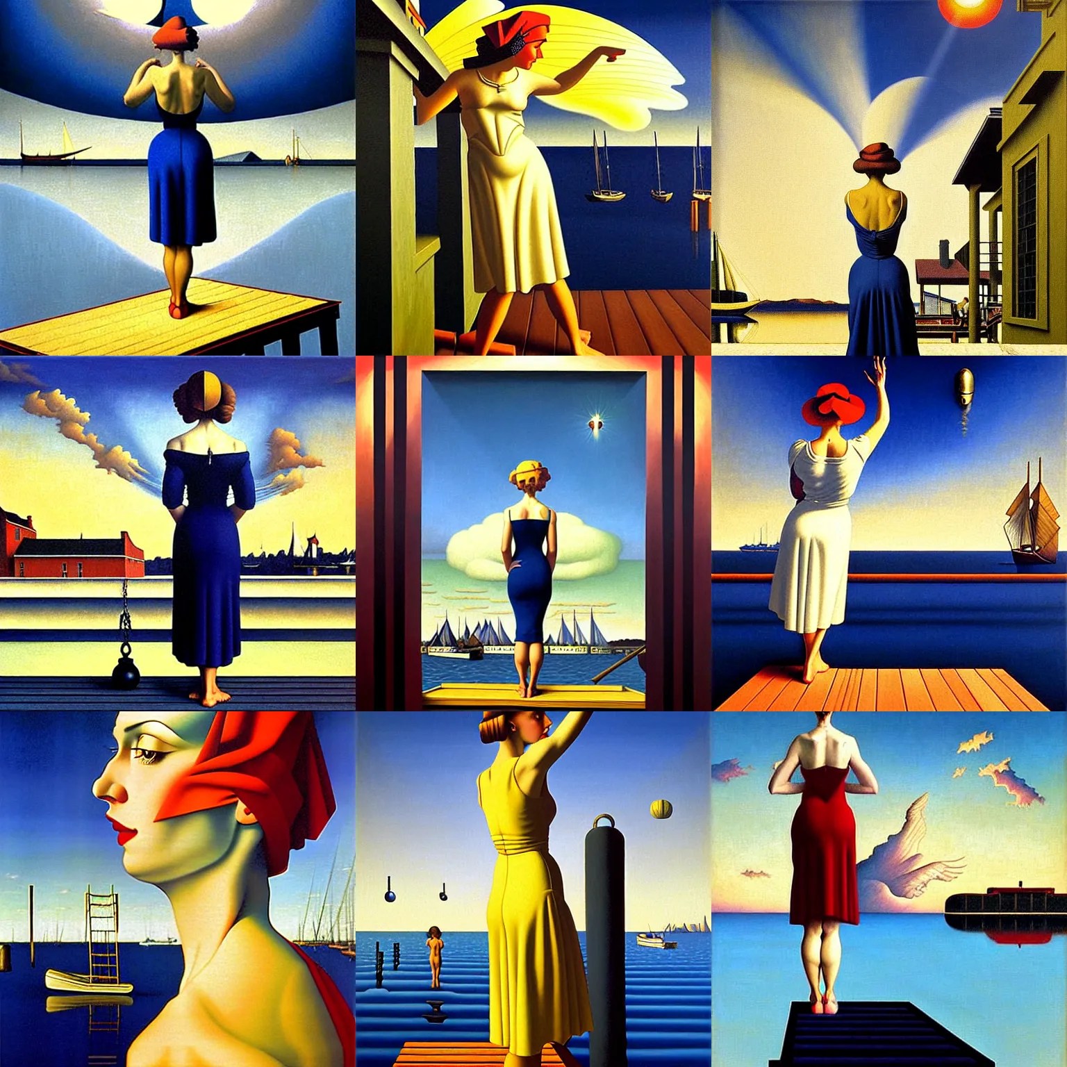 an art deco painting of a woman standing on a dock by Stable