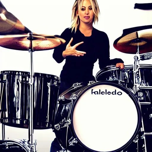 Kaley Cuoco behind a drumkit, metal music Stable Diffusion