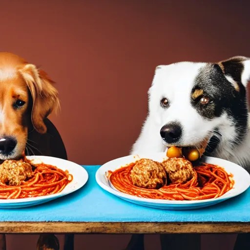 photo of two dogs eating spaghetti and meatballs, Stable Diffusion