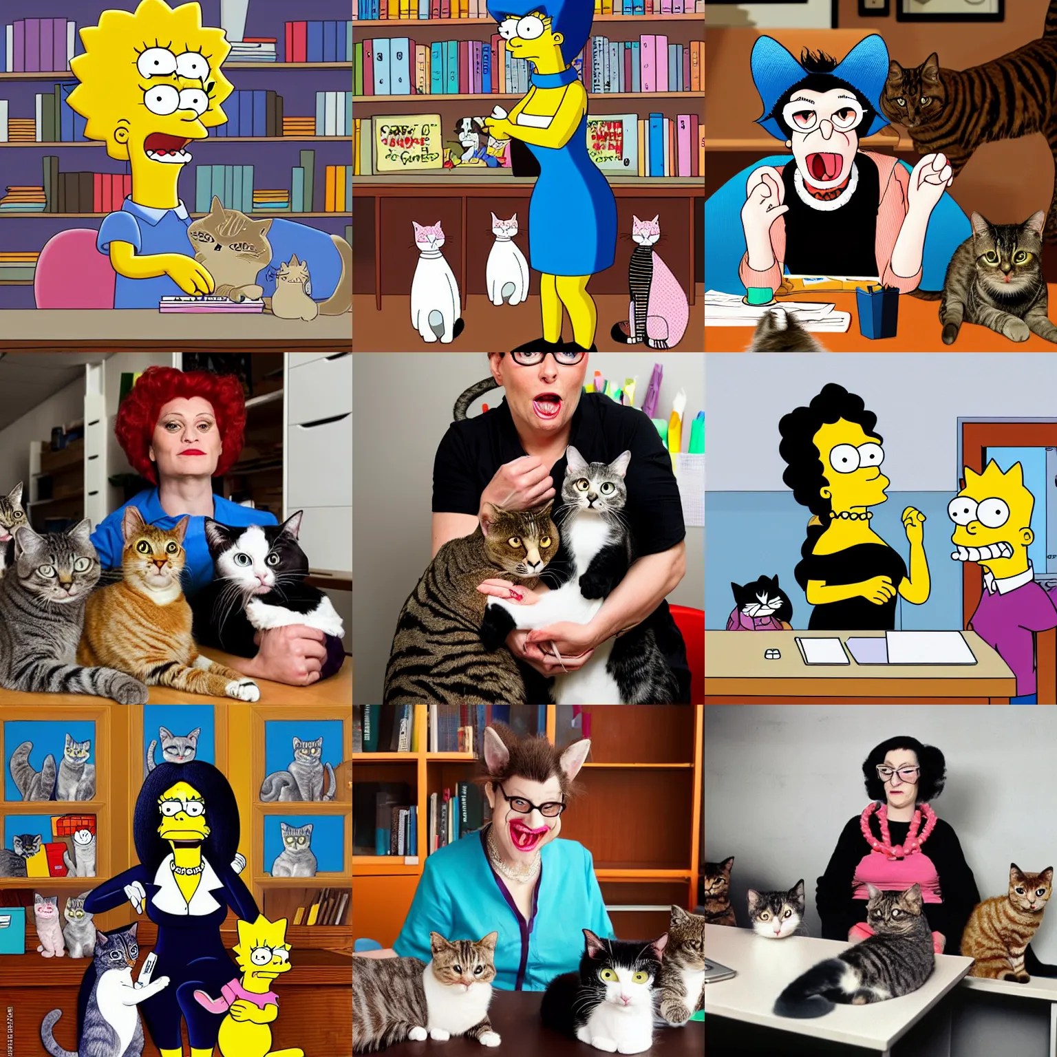 portrait photograph, crazy cat lady from the simpsons, Stable