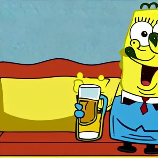 animation of spongebob sitting on couch drinking beer, Stable