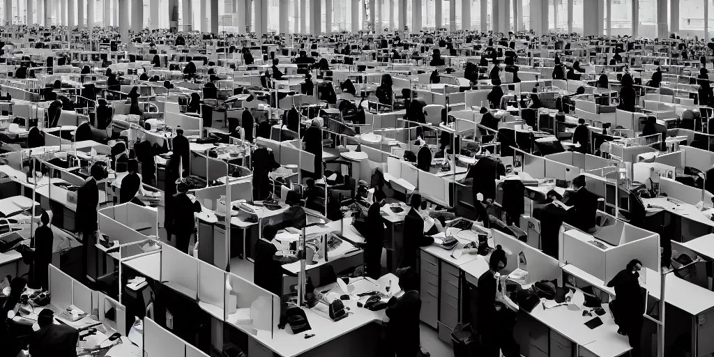 a large office filled with hundreds of depressed Stable Diffusion